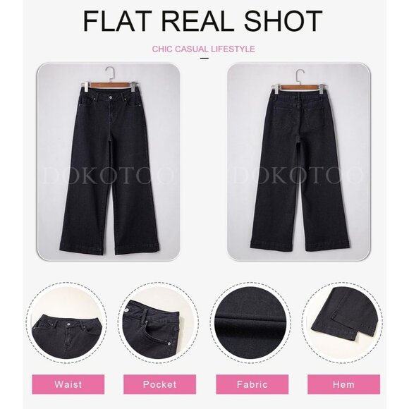 Women's Black High Waisted Wide Leg Denim Jeans Stretchy Loose Pants with Pocket - Picture 6 of 6